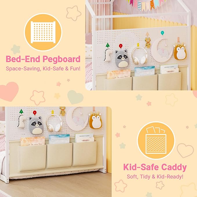 Weehom Twin Montessori House Bed for Kids with Storage Caddy and Pegboard, Floor Bed for Toddlers Boys Girls, No Box Spring Needed White