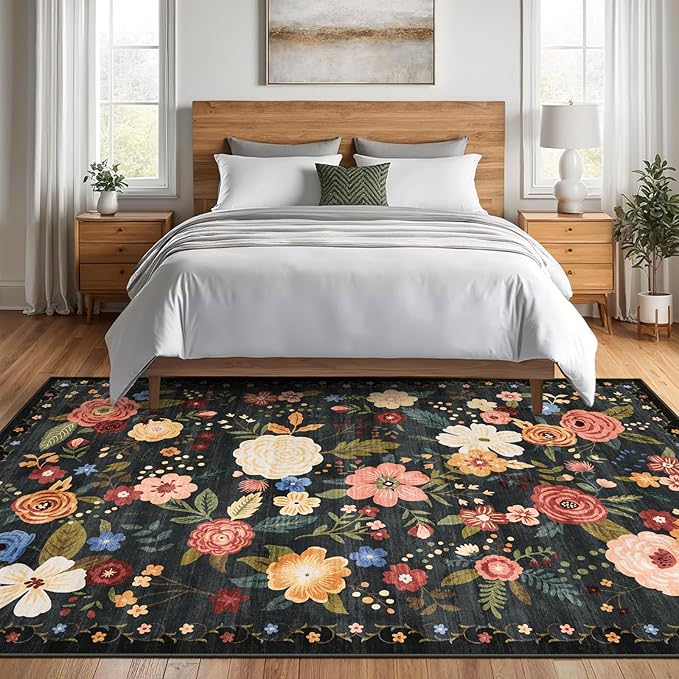 6x9 Washable Area Rug for Living Room, Floral Non-Slip Non-Shedding & Easy Care, Soft Low Pile Vintage Indoor Floor Carpet for Living Room, Bedroom, Farmhouse, Dining Room, Kids Playroom, Black