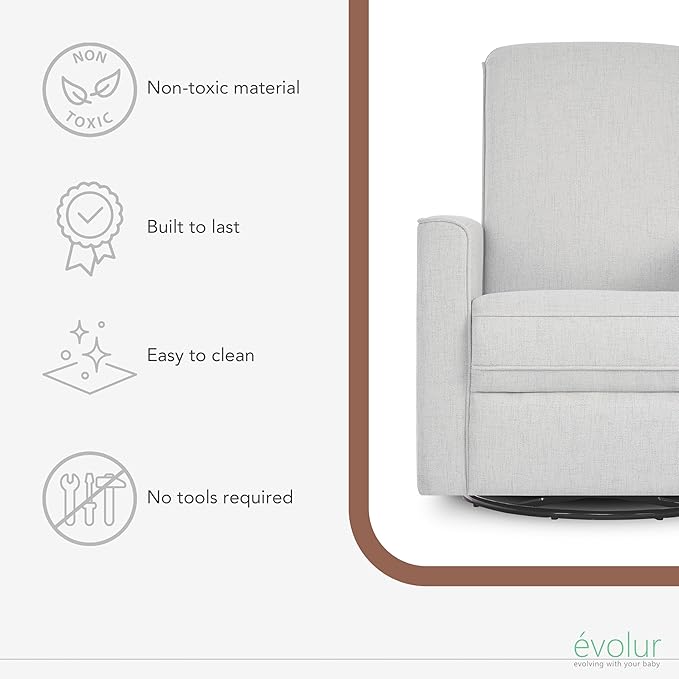 Evolur Harlow Upholstered Power Glider Recliner with USB Charging – Rocking & 275° Swivel with Smooth Glide – Greenguard Gold & FSC Certified – Modern Nursery and Living Room Chair in Fog
