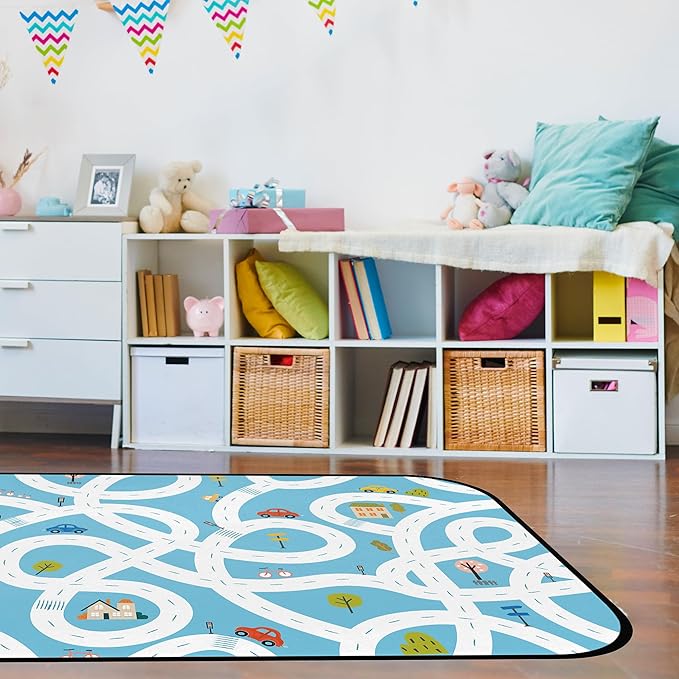 Kids Car Road Play Rug - Town City Map Track Soft Non-Slip 2x3 Carpet Traffic Mat Washable Playroom Bedroom Boys Nursery Educational Area Rug Entrance Mats Playroom Classroom Decor (24"x 36")