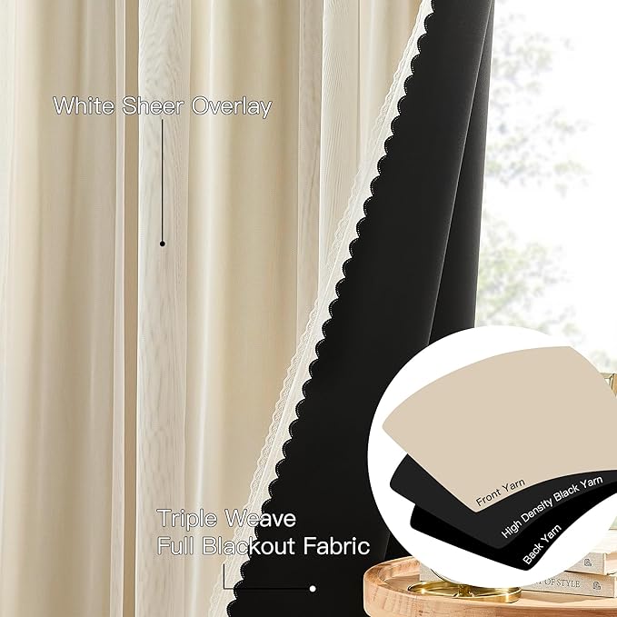 XiDi 100% Blackout Curtains with Sheer Overlay 84 Inches Long 2 Panels for Girls Bedroom Living Room Thermal Insulated Room Darkening Double Layer Beige Curtains with Lace Hem Grommet Top W34 x L84
