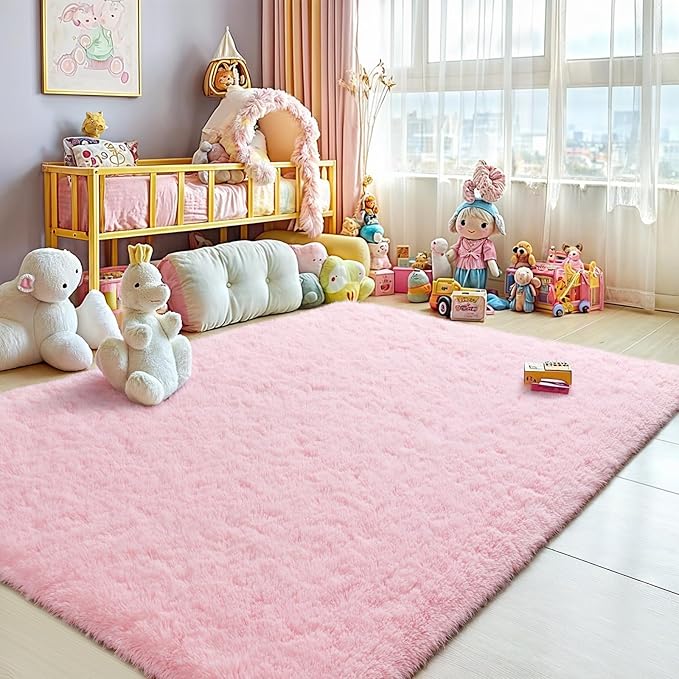Merelax Modern Soft Fluffy Small Shaggy Rug for Bedroom Livingroom Dorm Kids Room Indoor Home Decorative, Non-Slip Plush Furry Fur Area Rugs Comfy Nursery Accent Floor Carpet 5X7 Feet,Pink