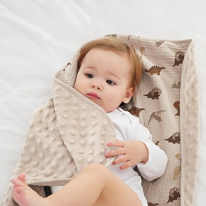 Susurration Baby Blanket for Unisex Boys Girls, Soft Nursery Minky Blanket with Muslin Cotton Front and Dotted Fleece Back, Receiving Blanket for Baby Newborn Infant, 30x40inch (Dinosaur)