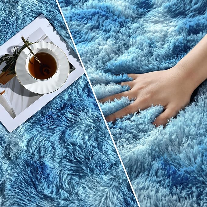 Large Shag Area Rugs 6 x 9, Tie-Dyed Plush Fuzzy Rugs for Living Room, Ultra Soft Fluffy Furry Rug for Bedroom, Indoor Carpet Nursery Rugs for Kids Room Home Decor, Bright Blue