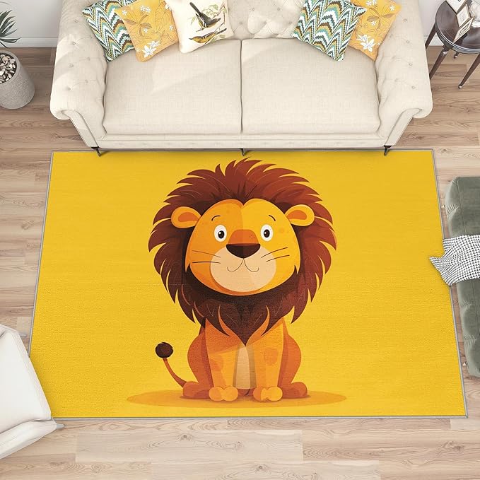 Lion Rug for Nursery - 5x7 Rug - Lion Rug - Cute Cartoon Safari Area Rug - Kids Baby Nursery Rugs - Zoo Animal Yellow Carpet - Home Decor