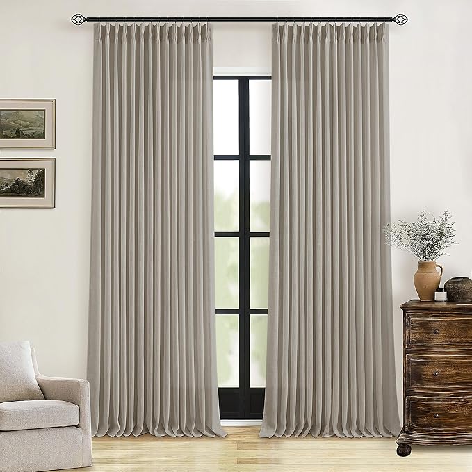 Burlywood Birch Linen Pinch Pleated Curtains 120 Inches Long for Living Room Pleated Drapes Hooks Back Tab Thick Linen Textured Boho Farmhouse Country Extra Long 120 Inch Curtain for Dining Bedroom
