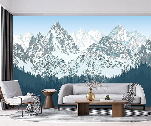 -Forest Snow Mountain Peaks Blue Sky Wallpaper Bedroom Living Room XT09 S 100" x 65"