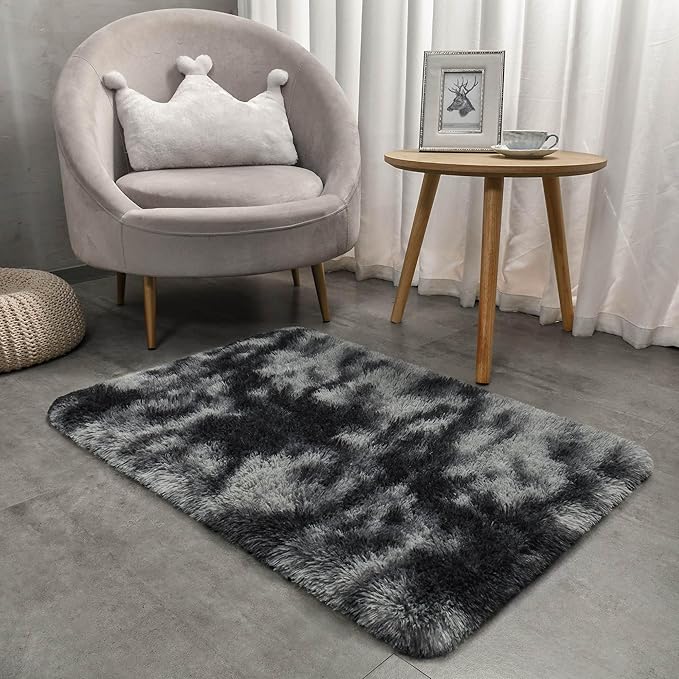 Merelax 2x3 Small Rug for Bedroom Livingroom Mini Space Home Decor, Modern Indoor Shaggy Plush Fluffy Furry Fur Rugs Comfy Nursery Kids Room Floor Carpet, Tie-Dyed Black & Grey