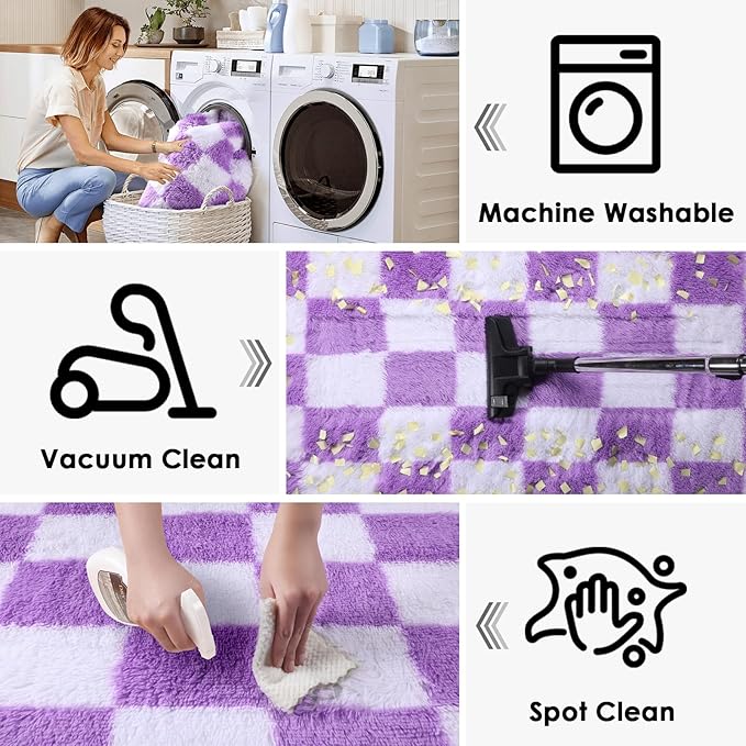 KICMOR Purple Rugs for Living Room Bedroom, Fluffy Soft Checkered 5x8 Area Rug Fuzzy Shag Shaggy Carpet, Indoor Furry Plush Floor Rugs for Kids Girls Boys Baby Teen Dorm Nursery Home Decor Aesthetic