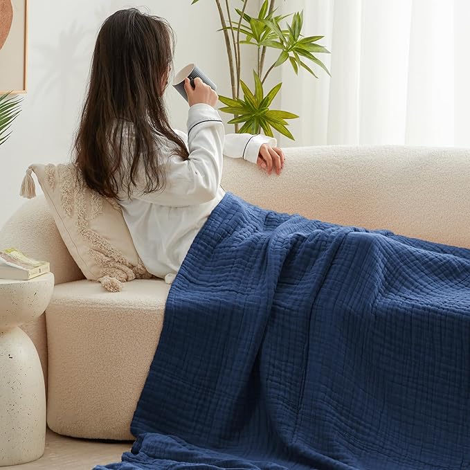 Love's cabin 6 Layer 100% Cotton Muslin Blanket, 50"x60" Throw Muslin Blanket for Couch Bed, Lightweight and Breathable Cotton Gauze for Adult, Dark Blue