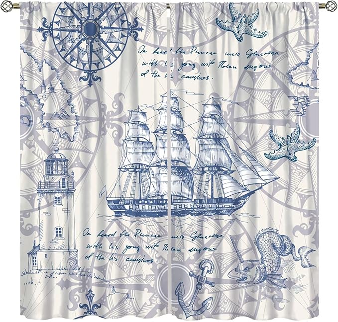 Nautical Sailboat Map Curtain,Ship Compass Lighthouse Anchor Decorative Curtain Polyester Fabric Waterproof Bedroom Curtain Set 2 Panels,52x84 Inches