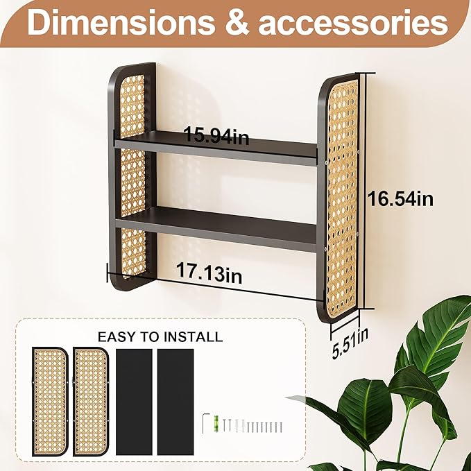 2-Tier Rattan Shelf, Black Rattan Bookshelf Wall Mounted, Handmade Woven Display Shelf, Decorative Boho Shelves for Entryway, Nursery, Kitchen, Bathroom, Living Room