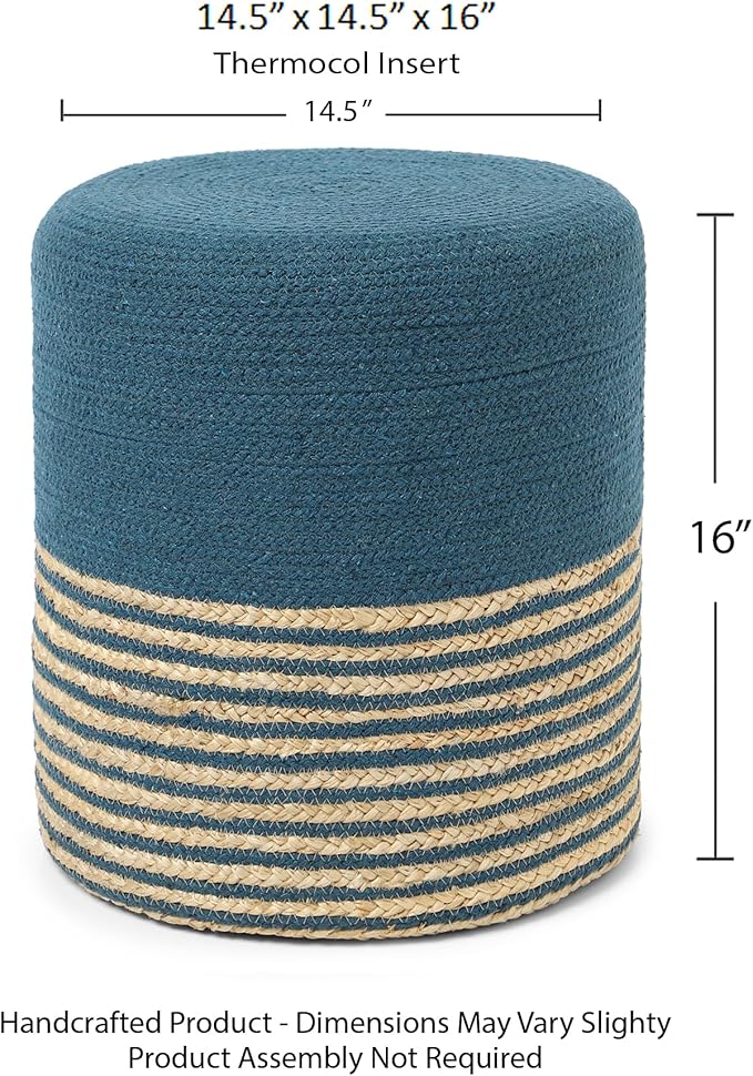 REDEARTH · Cylindrical Pouf Foot Stool Ottoman - Jute Braided Pouffe Poof Accent Sitting Footrest for Living Room, Bedroom, Nursery, Patio, Lounge Set of 2 (Teal Natural, 14.5"X14.5"X16")