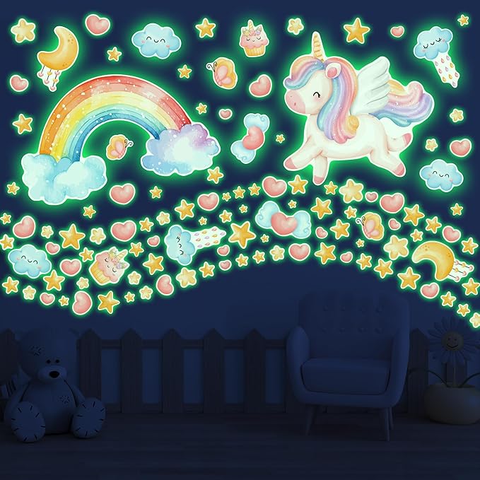 Large Unicorn and Rainbow Wall Decals Glow in The Dark, Watercolor Stars Stickers for Baby Girls Room, Luminous Ceiling Decor for Bedroom Playroom Nursery