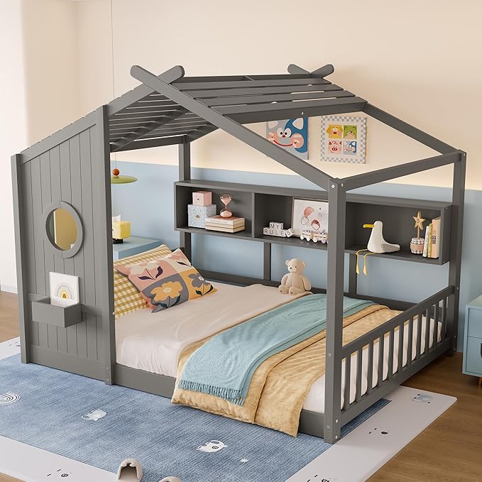 Full Size House Bed with Storage Shelves for Kids,Kids Montessori Floor Bed, Cute Wood House Bed Frame Full with Roof for Girls,Boys,Can be Decorated,Gray