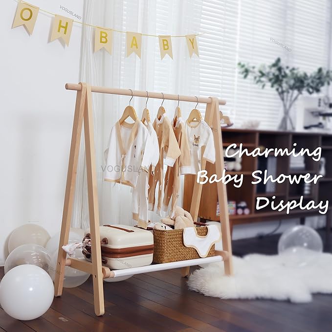Dress up Rack, Child Garment Rack, Kids Clothing Rack with Storage Shelf (Natural Beech, 38" L x 14.5" W x 40" H)