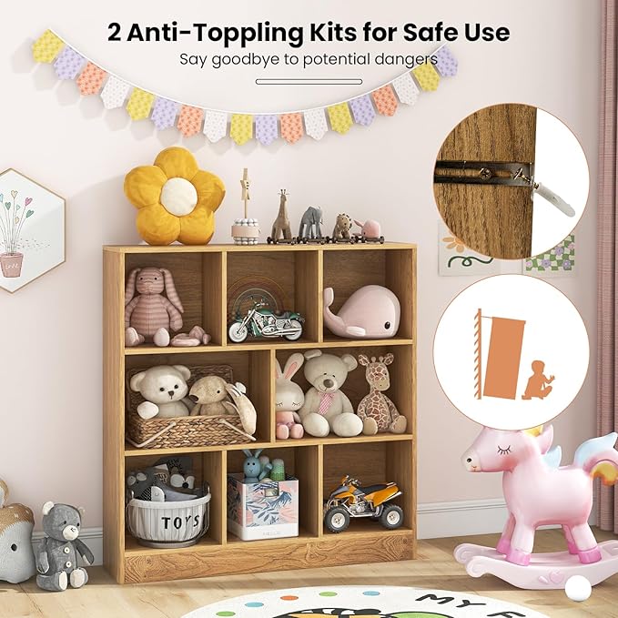 Costzon 8-Cube Bookshelf for Kids, Wooden Toy Storage Organizer w/ 2 Anti-Toppling Kits, 3 Tier Open Shelves & Non-Slip Foot Pads, Montessori Toy Shelf for Kids Rooms, Playroom, Classroom, Nursery