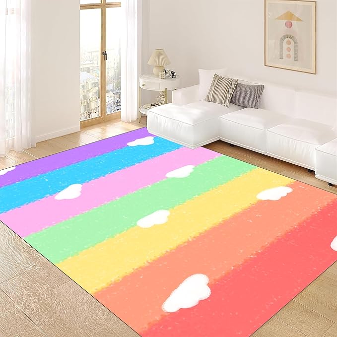 Soft Rainbow Area Rugs Girl's Bedroom Fluffy Colorful Rugs Cute Floor Mats Furry Children's Play Mats White Cloud Rainbow Prints Living Room Kids Room Nursery Home Decor2x5ft