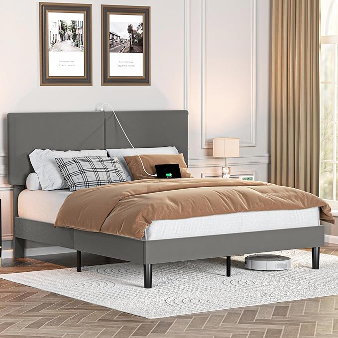 VECELO Queen Bed Frame with Type-C & USB Ports, Upholstered Platform Height-Adjustable Cotton and Linen Headboard, No Box Spring Needed, Noise-Free, Easy Assembly, Dark Gery