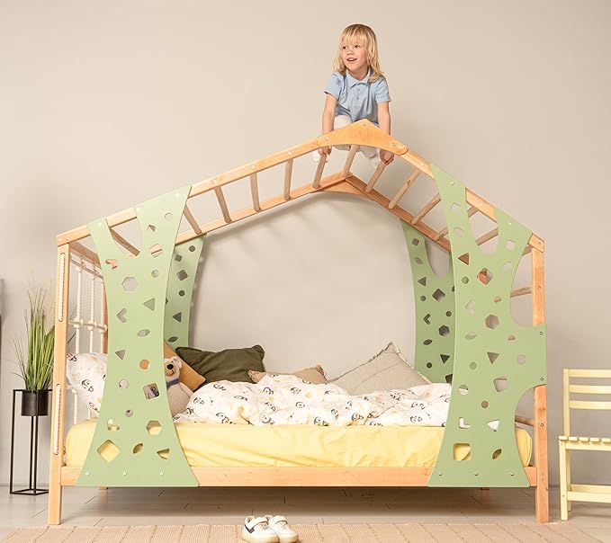 BUSYWOOD Montessori Bed for Toddlers - Kids Twin Bed - Wood Bed Frame - Kids Climbing Gym - Twin Bed Frames for Kids - Monkey Bed with Legs and Slats
