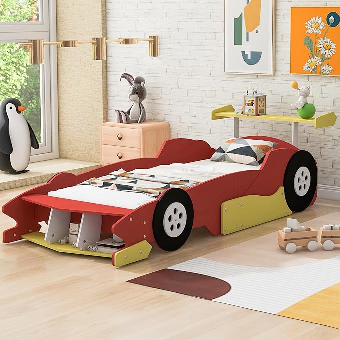 Flieks Twin Size Race Car-Shaped Platform Bed Frame for Boys Girls Kids Adults Toddler with Wheels,Red