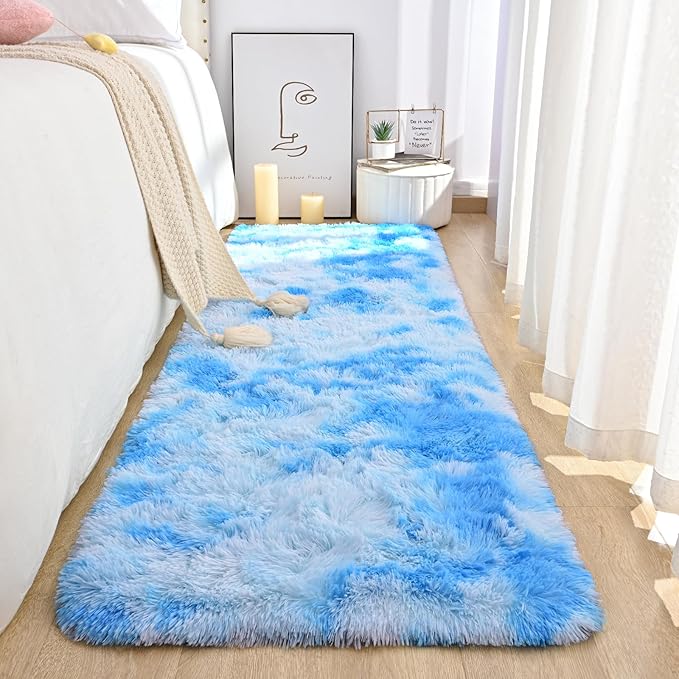 DweIke Fluffy Blue Runner Rugs for Bedroom, 2x6 Feet Soft Plush Long Light SkyBlue Runners for Girls Boys Kids, Non-Slip and Machine Washable Bedside Rug, Small Throw Carpet for Hallway Rooms Decor