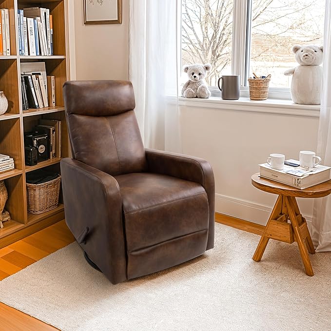 Swivel Rocking Recliner Chair for Small Space, Manual Swivel Glider Recliner for Nursery,RV,Rocking Recliner with Footrest and Side Pocket (Light Brown)