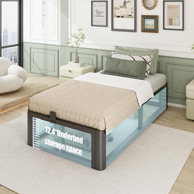 Metal Heavy Duty 14 inch Twin XL Bed Frame with Rounded Corner and Headboard Hole Mattress Retainers 3500 LBS No Box Spring Needed Platform Noise Free Easy Assembly