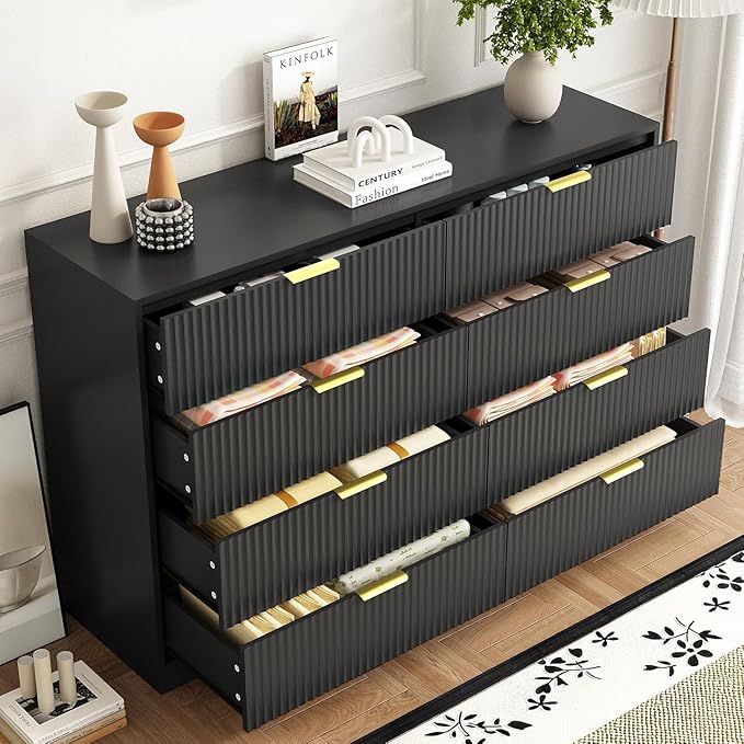 8 Drawer Dresser for Bedroom, Modern Fluted Double Dresser, 55" Wide Chest of Dressers, Wooden Beside Table for Closet, Living Room and Entryway, Black