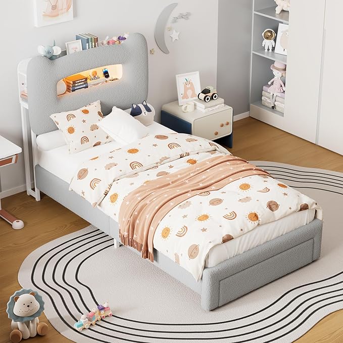 GarveeHome LED Twin Bed Frame with 2-Tier Storage Headboard, Upholstered Platform Bed with Charging Station and Drawer for Kids/Girls/Boys, Heavy Duty Metal Support, No Box Spring Needed, Grey