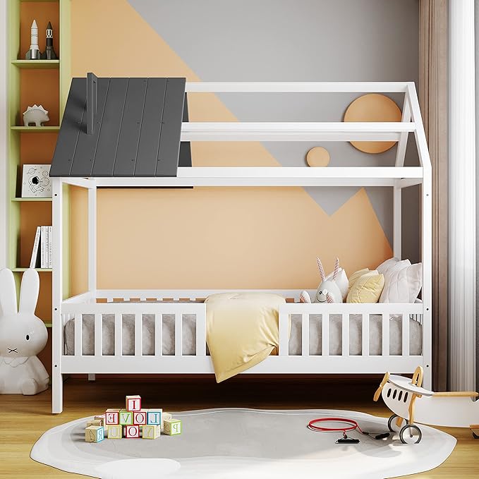 Merax Twin House Bed for Kids,Wood Twin Bed Frame House-Shaped Bed Platform Bed Frame with Roof Windows and Full-Length Safety Rails White+Grey