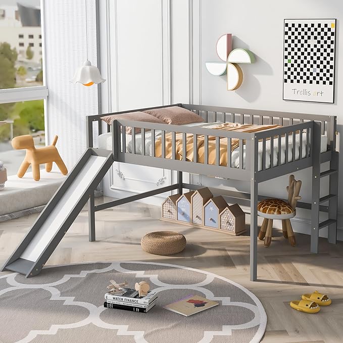 Full Size Low Loft Bed Frame for Boys Girls Kids Adults Toddler for Boys Girls Kids Adults Toddler with Ladder and Slide,Gray