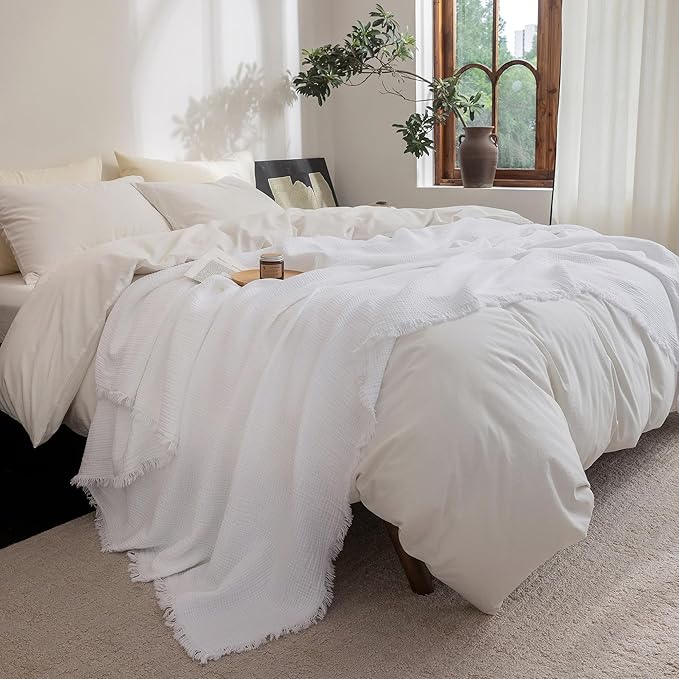 FOSSA Muslin Blanket with Fringe - 4-Layer 100% Cotton Gauze Super Soft & Breathable Throw -Lightweight Decorative Cooling Blanket for Bed, Sofa, Office -Oversize Queen Size 98" x 98" (Bright White)