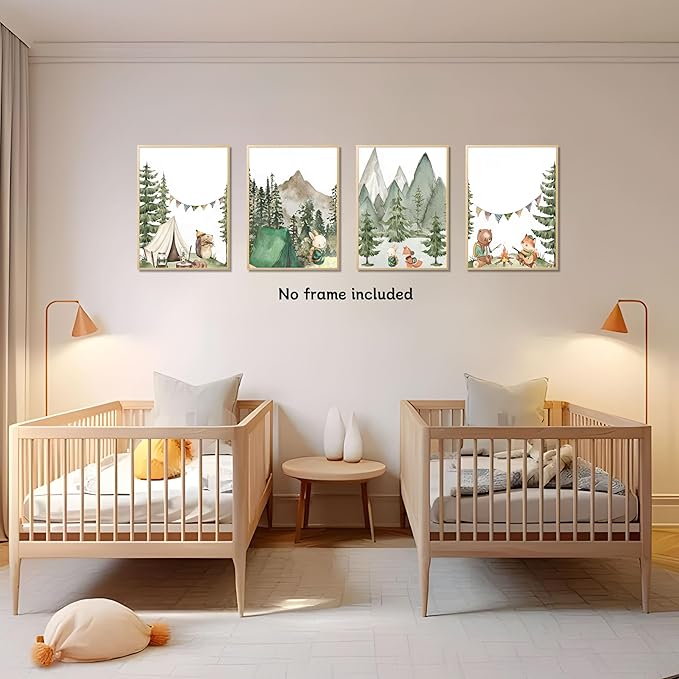 Kousne Woodland Adventure Nursery Canvas Wall Art Set of 4 Camping Animal Prints BearFox Rabbit Hiking PostersForest Mountain Themed Kids Room PictureNature Exploration Wall Decor Frameless 8x10In ﻿