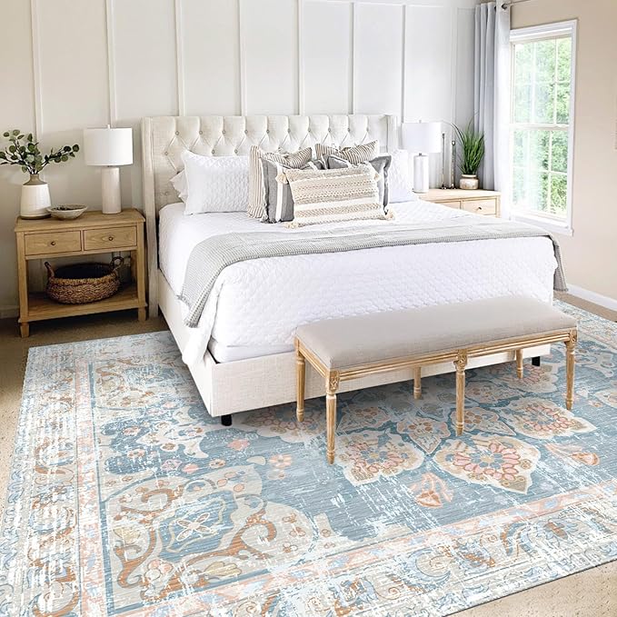 Vhong Washable Area Rugs Boho Vintage Neutral Modern Pale Blue 8x10 Non Slip Large Carpet for Living Room Dining Room Bedroom