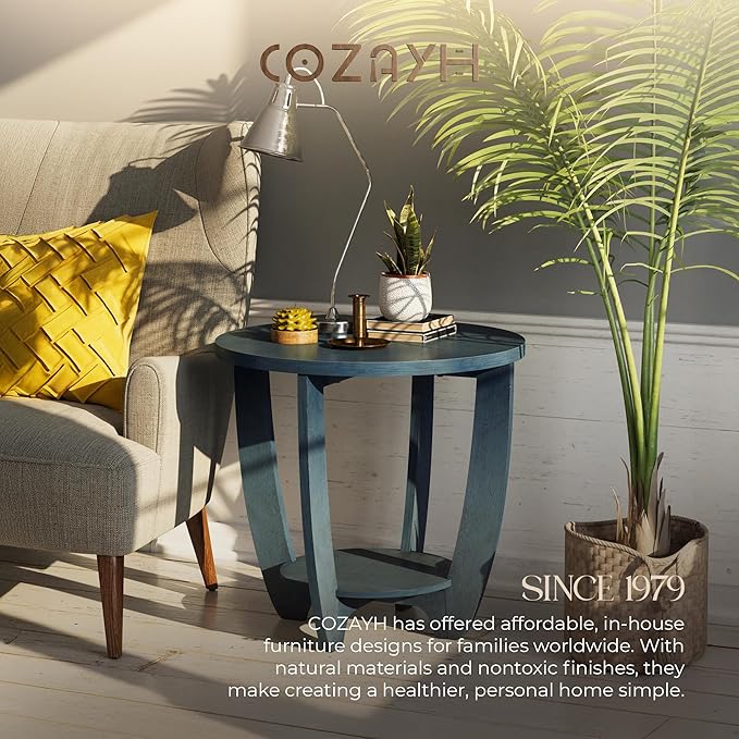 COZAYH Rustic Farmhouse End Table with Storage Shelf, French Country Modern Round Accent Side Table for Small Spaces, Vintage Blue Finish
