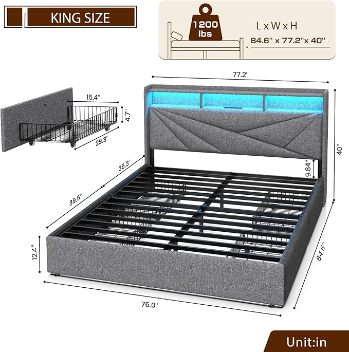 LED King Size Bed Frame with 4 Storage Drawers, Upholstered King Bed Frame with 2-Tier Headboard and Charging Station, No Box Spring Needed, Easy to Assembly - Light Grey