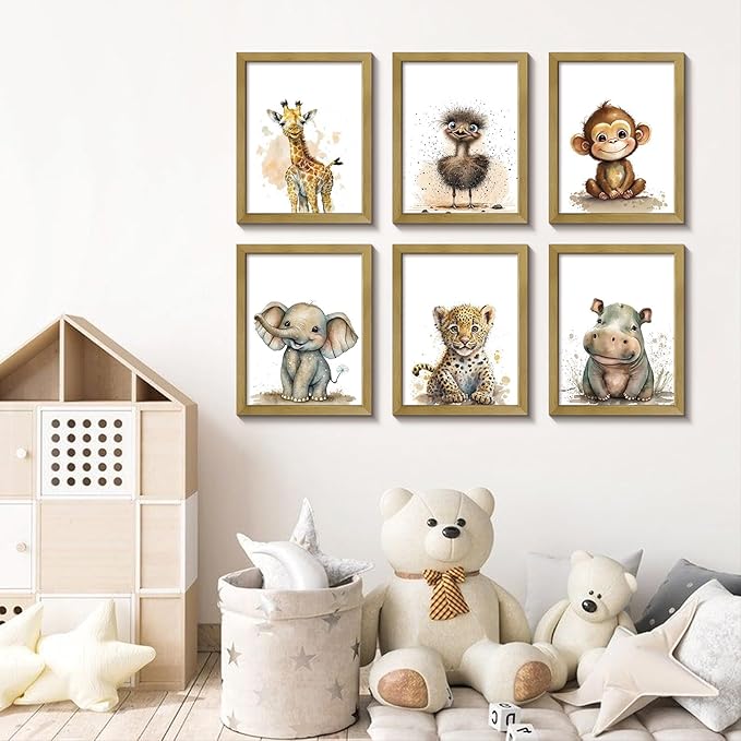 calmart Safari Animals Wall Art - Set of 6 Unframed Wall Prints - Baby Nursery Decor for Boys Girls