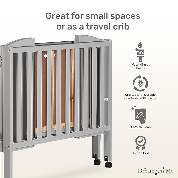 Dream On Me 2 in 1 Folding Portable Crib in Cool Grey, Greenguard Gold Certified , 40x26x38 Inch (Pack of 1)