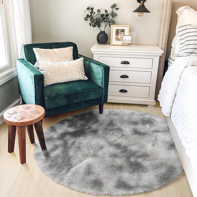 Amdrebio Tie-Dye Light Grey Round Circle Area Rugs 5Ft for Living Room Bedroom, Soft Fluffy Fuzzy Shag Rug for Kids Room Home Office, Furry Plush Indoor Floor Shaggy Gray Carpet for Baby Nursery Dorm
