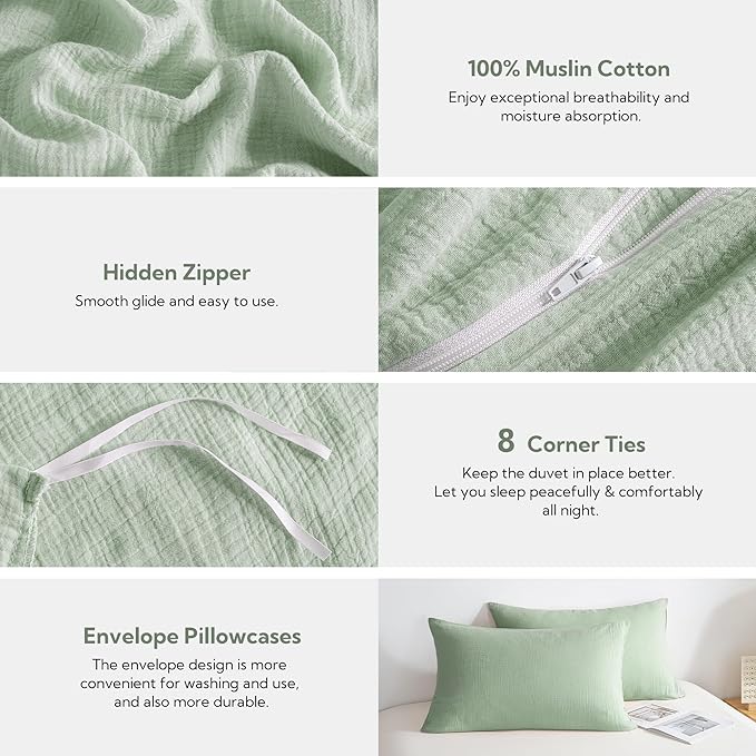 MILDLY Muslin Duvet Cover King - 100% Washed Cotton Linen Like Gauze Comforter Cover 3 Pieces Breathable & Lightweight for All Season