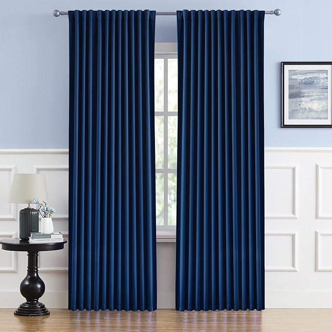 DUALIFE 70 Inch Wide Blackout Curtains Thermal Insulated Drapes Window Treatment Panels Room Darkening Bedroom Draperies for Living Room Back Tab/Rod Pocket, Navy Blue, W70 x L84 Inch Length, 2 Pcs