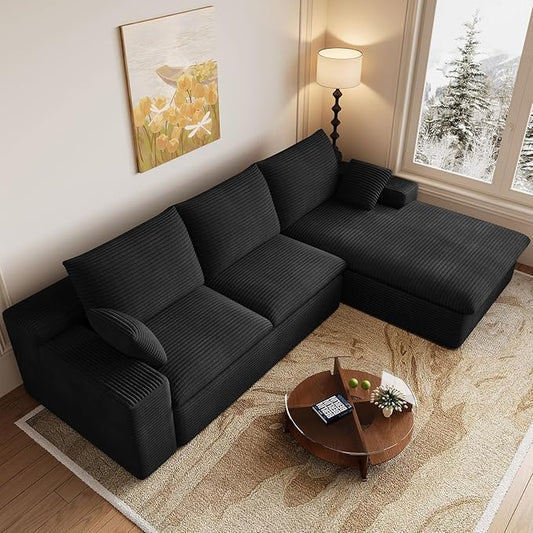 Cloud Sectional Couch,107 Inch Modular Sectional Sofa with Deep Seat, Modern Corduroy Boneless Couches with L-Shape Chaise for Living Room Bedroom, No Assembly Required (Black, Right Facing Chaise)