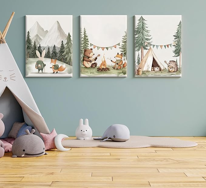 Woodland Animal Nursery Canvas Wall Art Fox Bear Rabbit Hedgehog Paintings Pictures Safari Nursery Wall Decor Forest Animals Camping Campfire Poster Print Artwork for Boys Kids Room Home Decoration