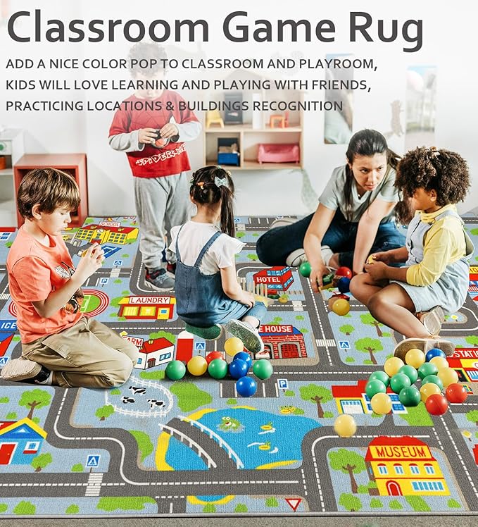 Kids Carpet Playmat Rug 6'6''x9'8'', Kids Rugs for Bedroom, Non-Slip Town City Road Map Car Rugs for Kids Toy Cars, Track Carpet Play Rug for Playroom Classroom Decor (Sky Blue)
