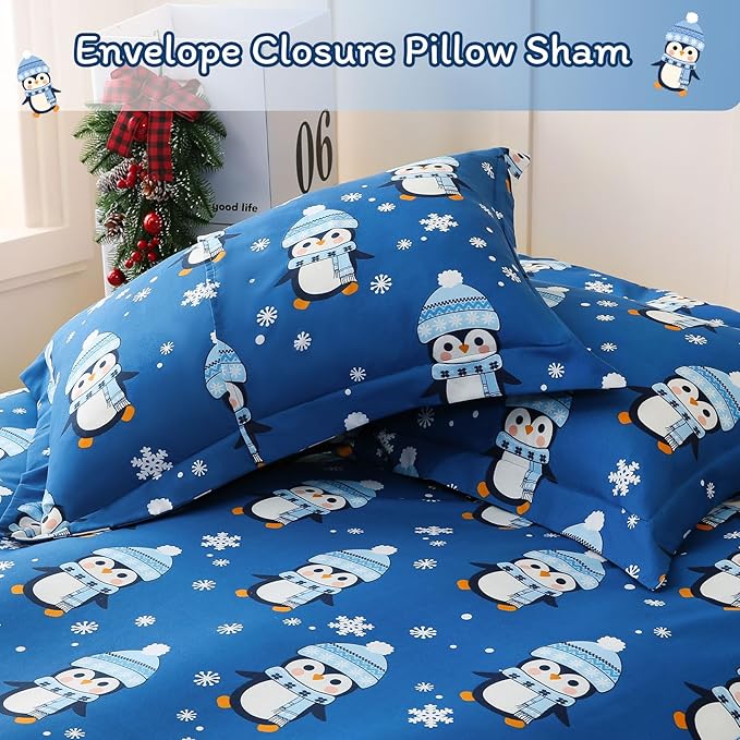 JSD Penguin Snowflakes Kids Christmas Duvet Cover Set Twin Size, 2 Piece Xmas Comforter Cover with Pillow Sham Zipper Closure, Comforter Not Included