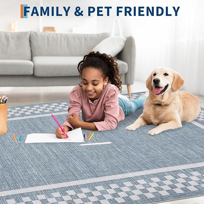 GarveeHome Washable Area Rugs 10x13 Non Slip Soft Large Living Room Rug Modern Checkered Bedroom Rug Soft Geometric Bordered Throw Carpet for Dining Room Home Decor Office Nursery, Blue
