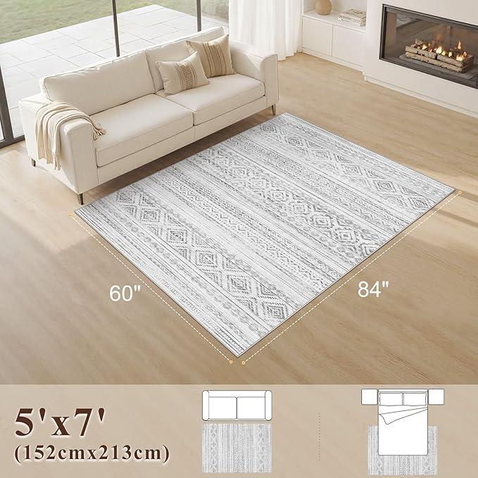 Area Rugs for Living Room Washable Living Room Rug Soft Neutral Indoor Floor Carpet Non-Slip Stain Resistant Modern Boho Rugs for Bedroom Dining Room Kids Room Nursery Office Home Light Grey
