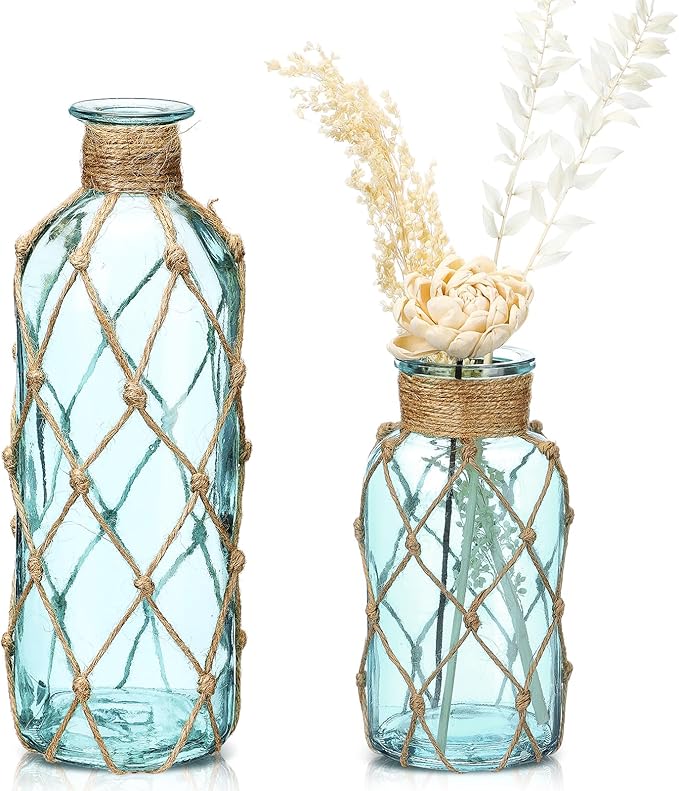 Chuangdi Set of 2 Coastal Glass Vases for Flower Small Flower Vase with Boho Rope Wrapping Beach Decorative Bottle for Coastal Nautical Table Centerpiece Wedding Floral Arrangement Decor(Light Blue)