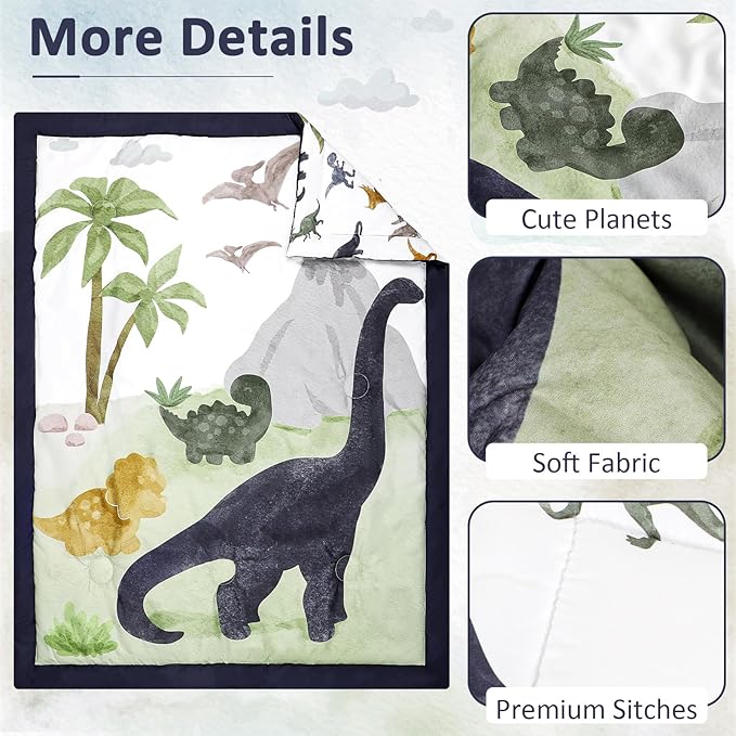 4-Piece Crib Bedding Set， Baby Nursery Bedding Sets for Boys Includes Comforter, Fitted Crib Sheet, Crib Skirt, and Diaper Stacker, Soft Standard Size Crib Comforter Set Blue ，Dinosaur
